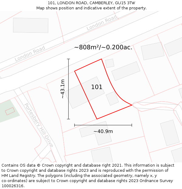101, LONDON ROAD, CAMBERLEY, GU15 3TW: Plot and title map