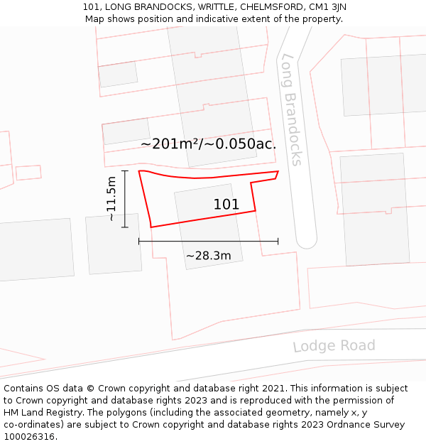 101, LONG BRANDOCKS, WRITTLE, CHELMSFORD, CM1 3JN: Plot and title map