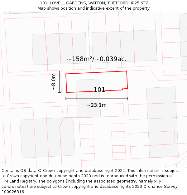 101, LOVELL GARDENS, WATTON, THETFORD, IP25 6TZ: Plot and title map