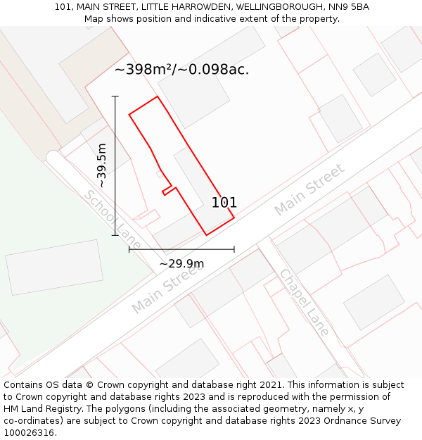 101, MAIN STREET, LITTLE HARROWDEN, WELLINGBOROUGH, NN9 5BA: Plot and title map
