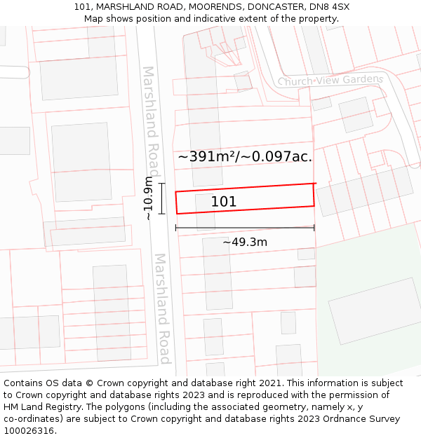 101, MARSHLAND ROAD, MOORENDS, DONCASTER, DN8 4SX: Plot and title map