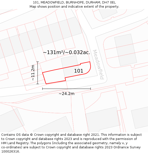 101, MEADOWFIELD, BURNHOPE, DURHAM, DH7 0EL: Plot and title map