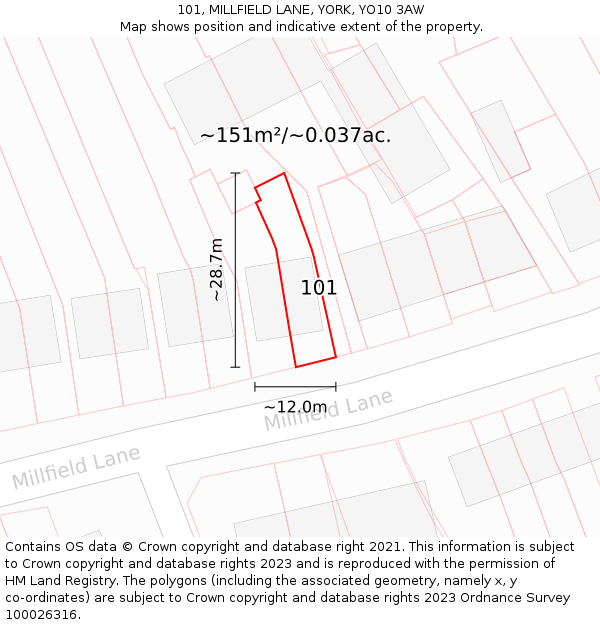 101, MILLFIELD LANE, YORK, YO10 3AW: Plot and title map