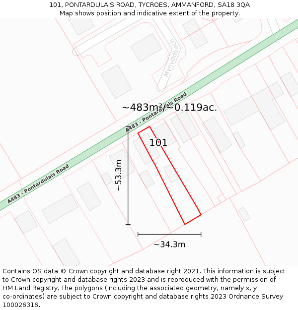 101, PONTARDULAIS ROAD, TYCROES, AMMANFORD, SA18 3QA: Plot and title map