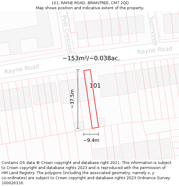 101, RAYNE ROAD, BRAINTREE, CM7 2QD: Plot and title map