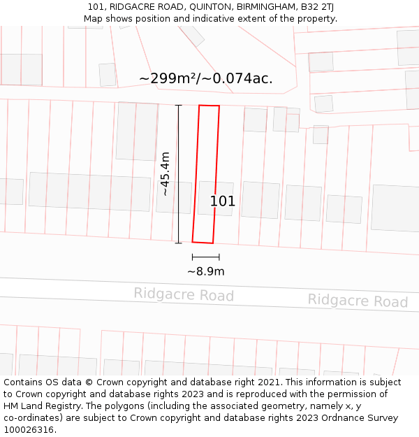 101, RIDGACRE ROAD, QUINTON, BIRMINGHAM, B32 2TJ: Plot and title map