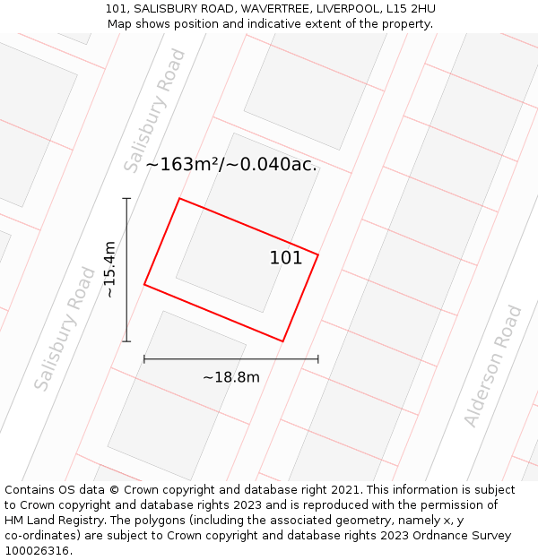 101, SALISBURY ROAD, WAVERTREE, LIVERPOOL, L15 2HU: Plot and title map