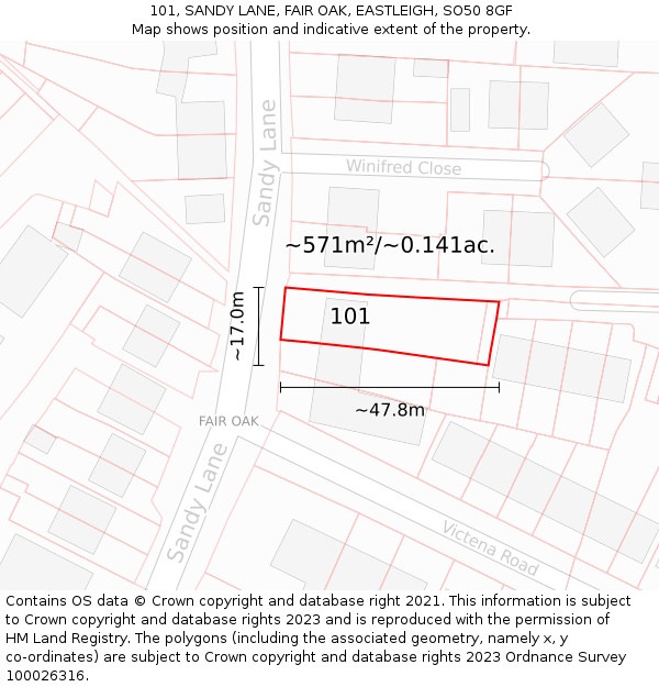 101, SANDY LANE, FAIR OAK, EASTLEIGH, SO50 8GF: Plot and title map