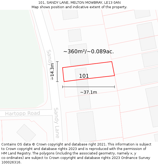 101, SANDY LANE, MELTON MOWBRAY, LE13 0AN: Plot and title map