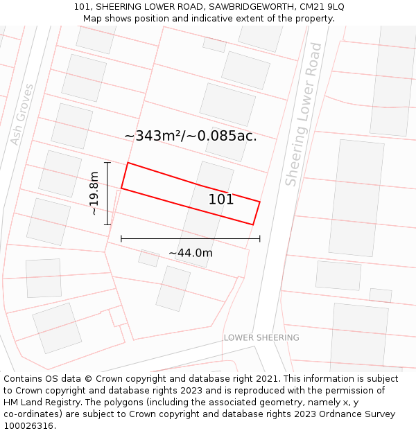 101, SHEERING LOWER ROAD, SAWBRIDGEWORTH, CM21 9LQ: Plot and title map