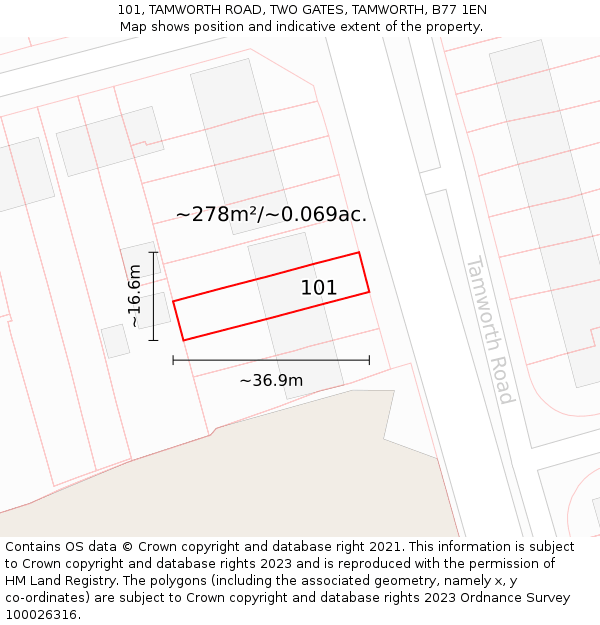 101, TAMWORTH ROAD, TWO GATES, TAMWORTH, B77 1EN: Plot and title map