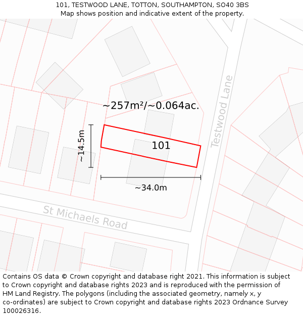 101, TESTWOOD LANE, TOTTON, SOUTHAMPTON, SO40 3BS: Plot and title map