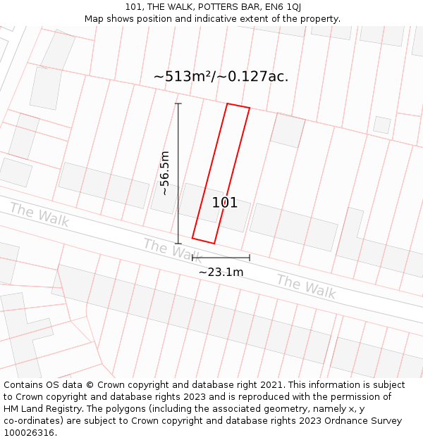 101, THE WALK, POTTERS BAR, EN6 1QJ: Plot and title map