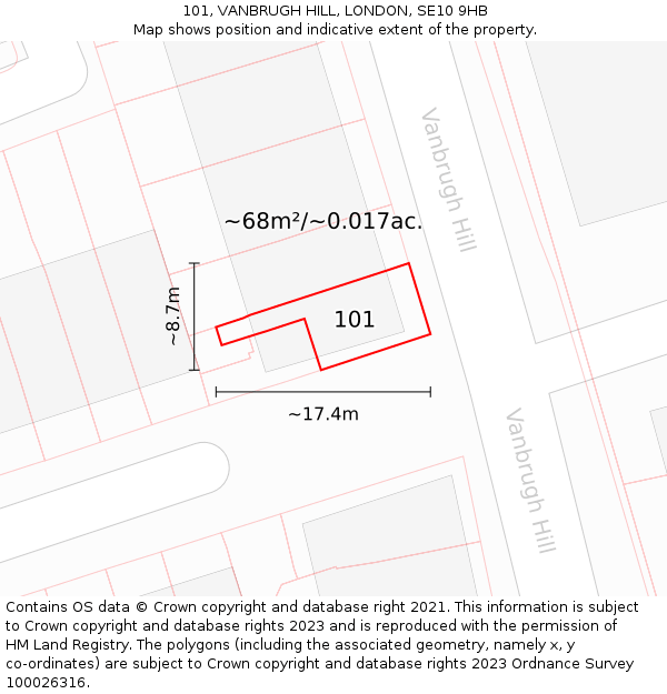 101, VANBRUGH HILL, LONDON, SE10 9HB: Plot and title map