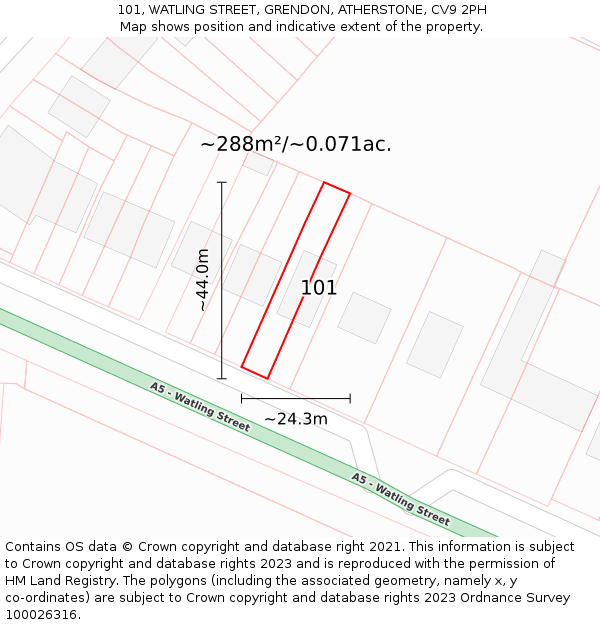 101, WATLING STREET, GRENDON, ATHERSTONE, CV9 2PH: Plot and title map