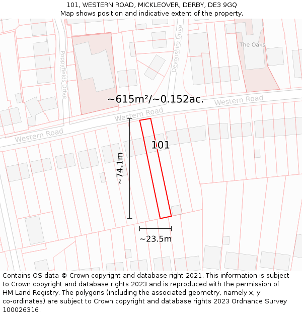 101, WESTERN ROAD, MICKLEOVER, DERBY, DE3 9GQ: Plot and title map