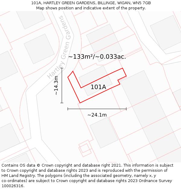 101A, HARTLEY GREEN GARDENS, BILLINGE, WIGAN, WN5 7GB: Plot and title map