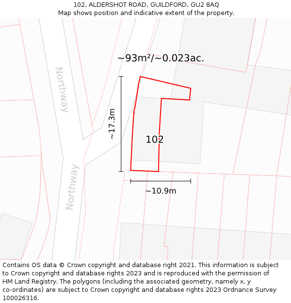 102, ALDERSHOT ROAD, GUILDFORD, GU2 8AQ: Plot and title map