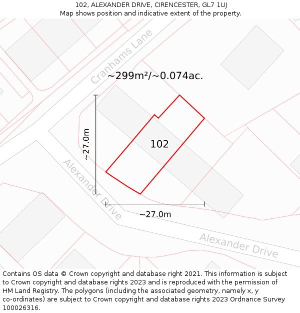 102, ALEXANDER DRIVE, CIRENCESTER, GL7 1UJ: Plot and title map