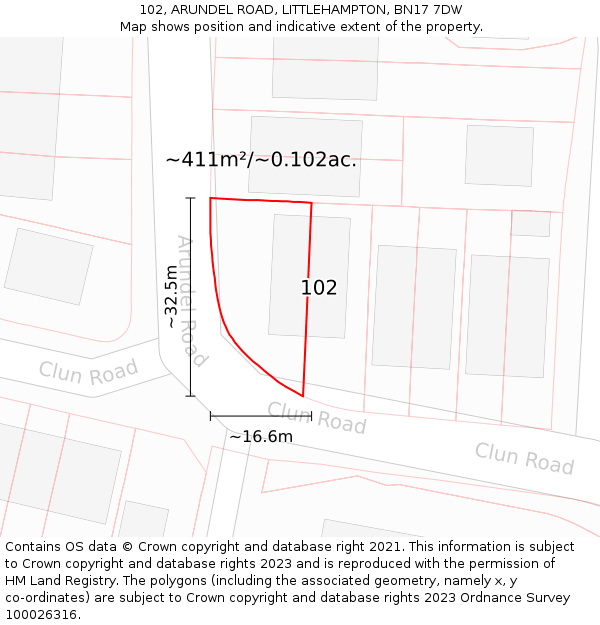 102, ARUNDEL ROAD, LITTLEHAMPTON, BN17 7DW: Plot and title map