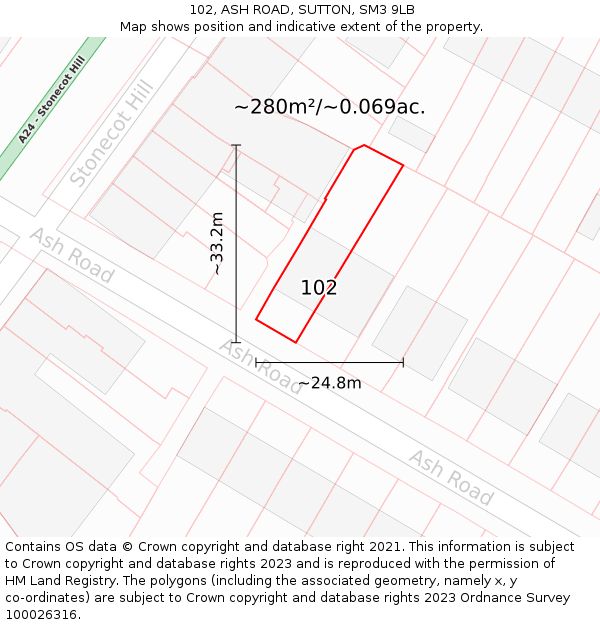 102, ASH ROAD, SUTTON, SM3 9LB: Plot and title map