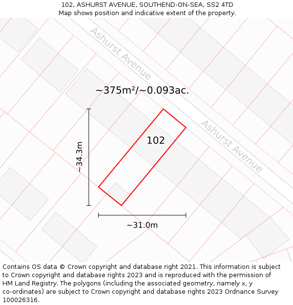 102, ASHURST AVENUE, SOUTHEND-ON-SEA, SS2 4TD: Plot and title map