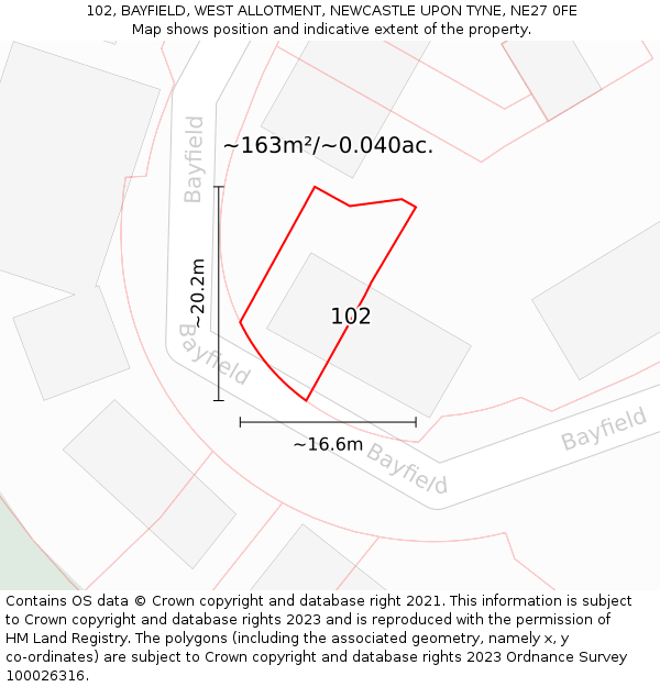 102, BAYFIELD, WEST ALLOTMENT, NEWCASTLE UPON TYNE, NE27 0FE: Plot and title map