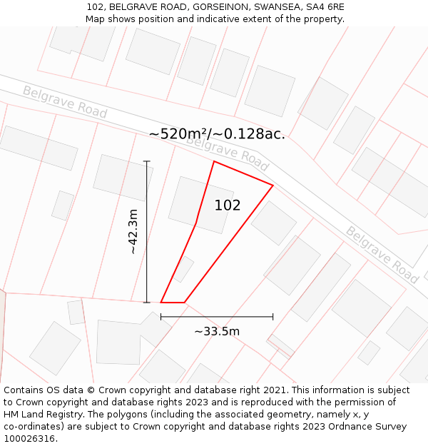 102, BELGRAVE ROAD, GORSEINON, SWANSEA, SA4 6RE: Plot and title map