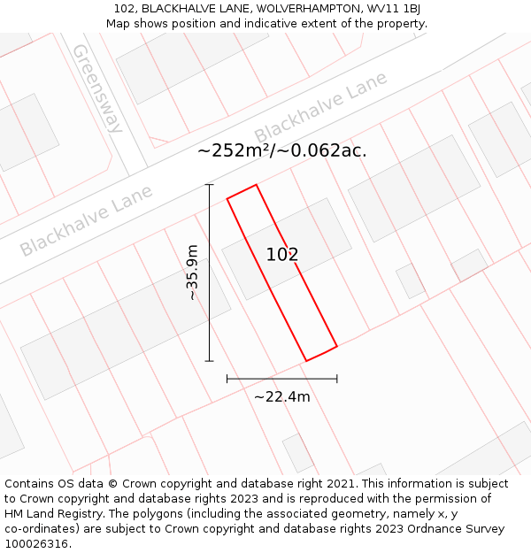 102, BLACKHALVE LANE, WOLVERHAMPTON, WV11 1BJ: Plot and title map