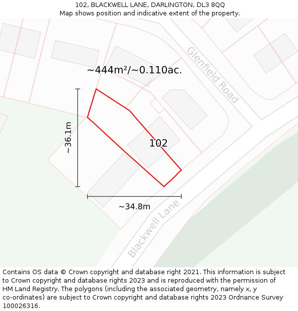 102, BLACKWELL LANE, DARLINGTON, DL3 8QQ: Plot and title map