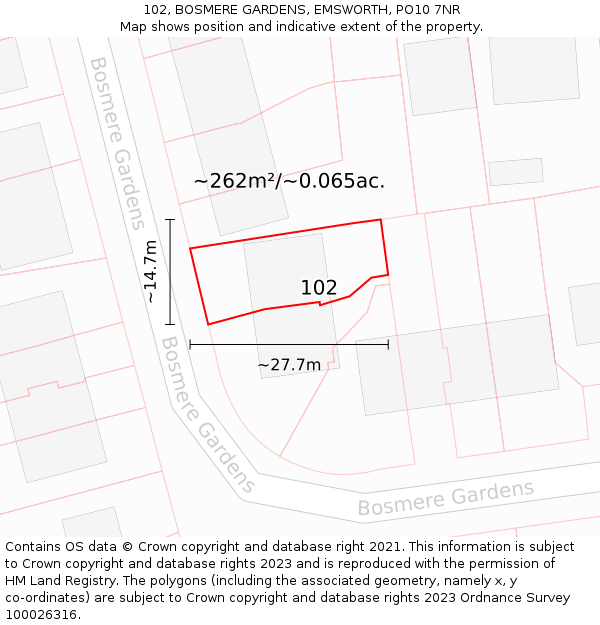 102, BOSMERE GARDENS, EMSWORTH, PO10 7NR: Plot and title map