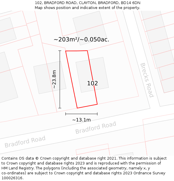 102, BRADFORD ROAD, CLAYTON, BRADFORD, BD14 6DN: Plot and title map