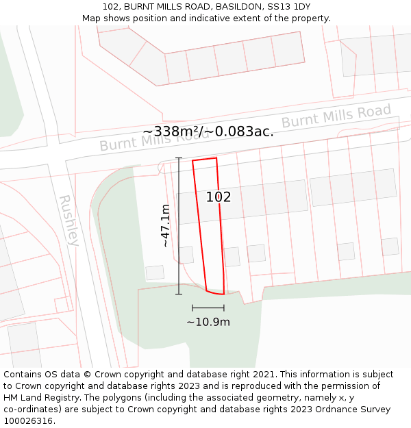 102, BURNT MILLS ROAD, BASILDON, SS13 1DY: Plot and title map