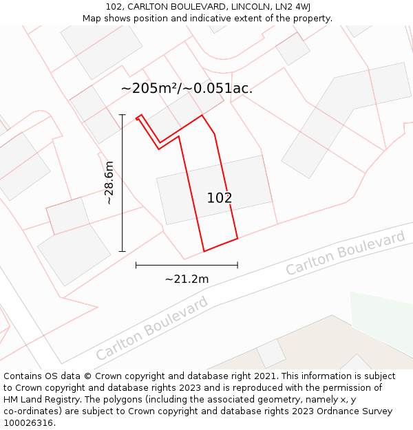 102, CARLTON BOULEVARD, LINCOLN, LN2 4WJ: Plot and title map