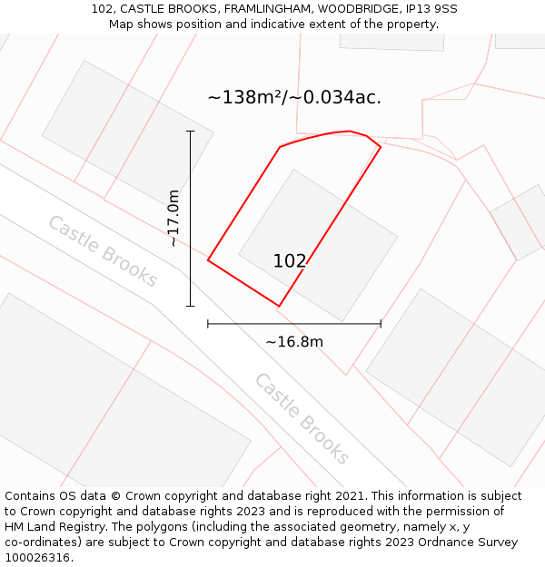 102, CASTLE BROOKS, FRAMLINGHAM, WOODBRIDGE, IP13 9SS: Plot and title map