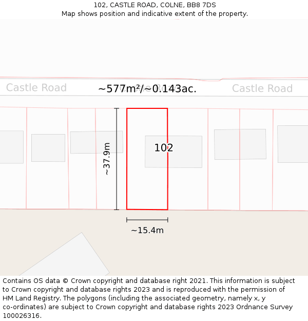 102, CASTLE ROAD, COLNE, BB8 7DS: Plot and title map