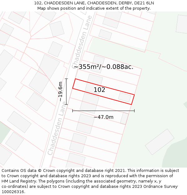 102, CHADDESDEN LANE, CHADDESDEN, DERBY, DE21 6LN: Plot and title map