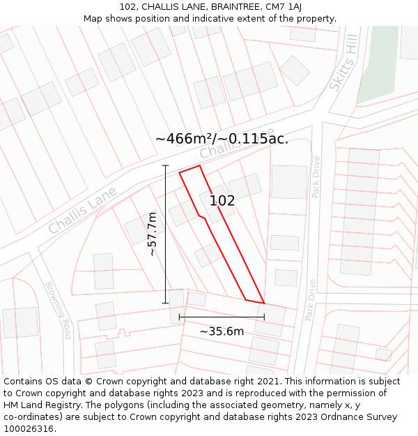 102, CHALLIS LANE, BRAINTREE, CM7 1AJ: Plot and title map