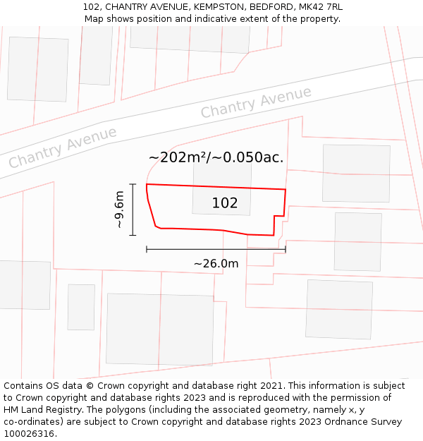 102, CHANTRY AVENUE, KEMPSTON, BEDFORD, MK42 7RL: Plot and title map