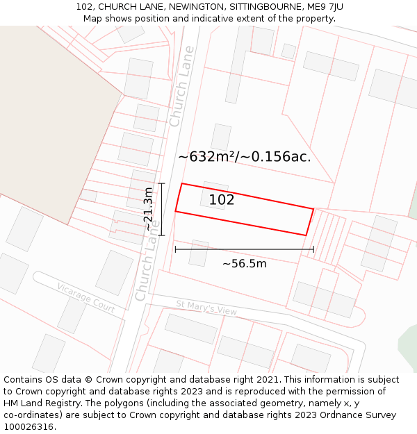 102, CHURCH LANE, NEWINGTON, SITTINGBOURNE, ME9 7JU: Plot and title map