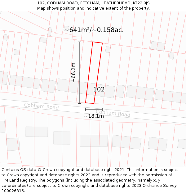 102, COBHAM ROAD, FETCHAM, LEATHERHEAD, KT22 9JS: Plot and title map