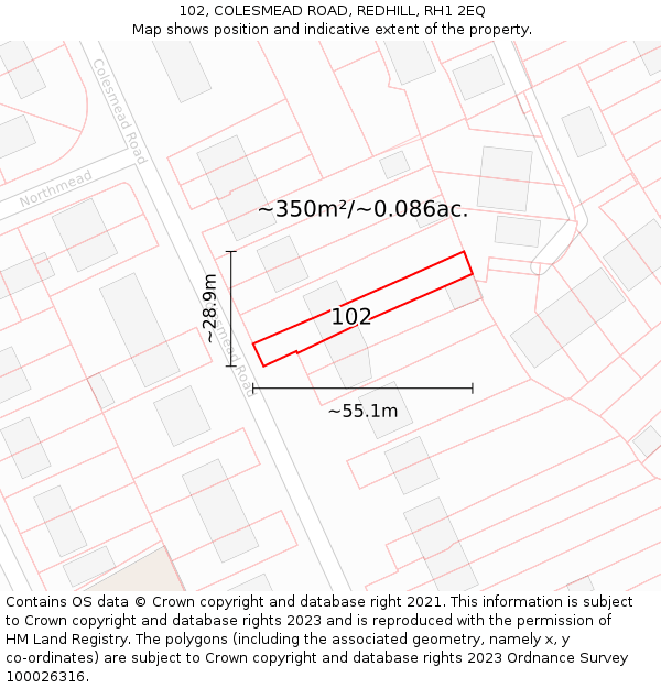 102, COLESMEAD ROAD, REDHILL, RH1 2EQ: Plot and title map