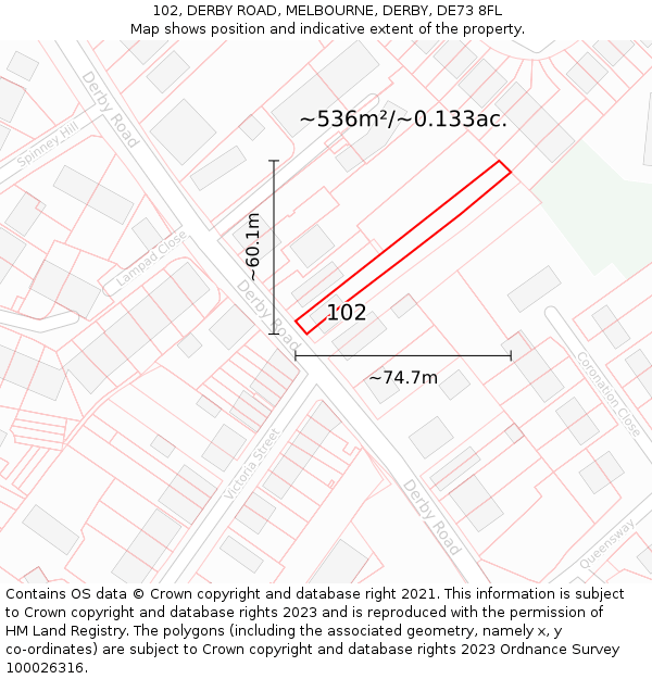 102, DERBY ROAD, MELBOURNE, DERBY, DE73 8FL: Plot and title map