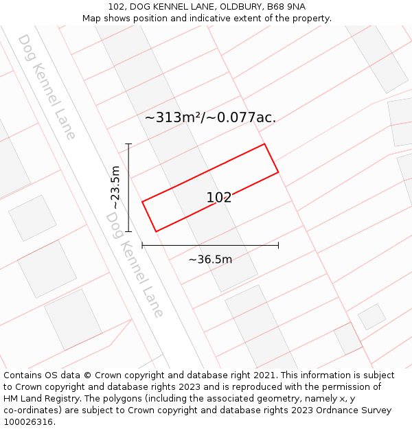 102, DOG KENNEL LANE, OLDBURY, B68 9NA: Plot and title map