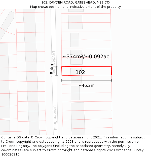 102, DRYDEN ROAD, GATESHEAD, NE9 5TX: Plot and title map