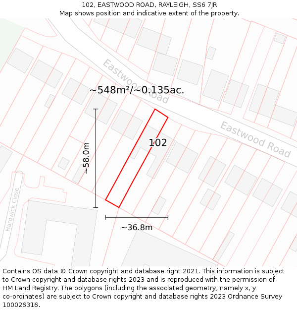 102, EASTWOOD ROAD, RAYLEIGH, SS6 7JR: Plot and title map