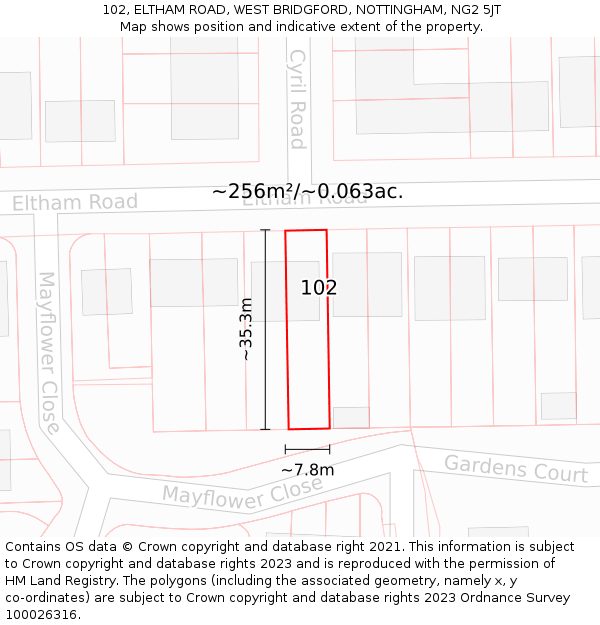 102, ELTHAM ROAD, WEST BRIDGFORD, NOTTINGHAM, NG2 5JT: Plot and title map