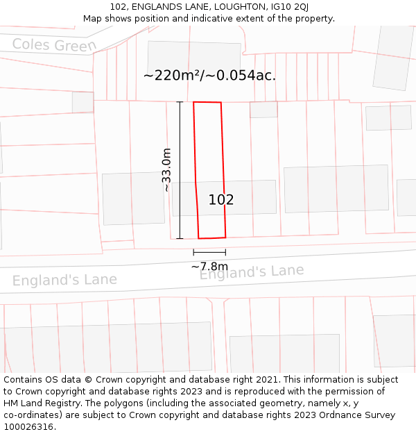 102, ENGLANDS LANE, LOUGHTON, IG10 2QJ: Plot and title map