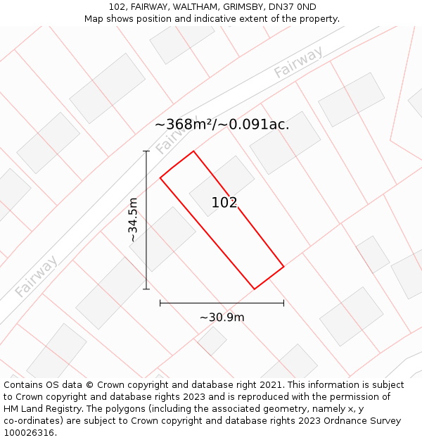 102, FAIRWAY, WALTHAM, GRIMSBY, DN37 0ND: Plot and title map