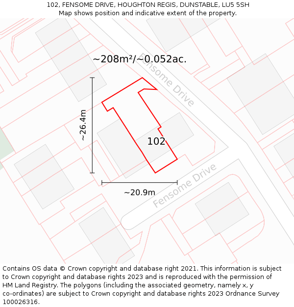 102, FENSOME DRIVE, HOUGHTON REGIS, DUNSTABLE, LU5 5SH: Plot and title map